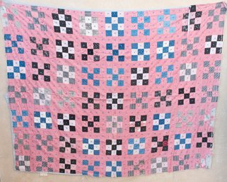 Pink, Black, White Gray, Checkered Picnic  Quilt With Gray Backing
