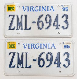 Virginia Embossed ZML-6943 License Plates