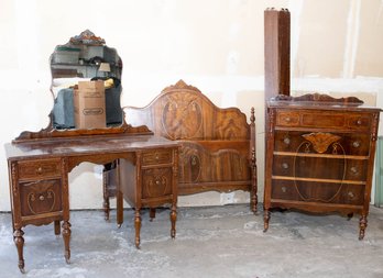 Antique Furniture Suite Headboard/Footboard, Desk And Chest Of Drawers
