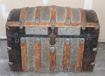 Antique Wichita Trunk Factory Celtic Round Top Tin Riveted Steamer Trunk