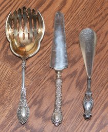 Sterling Silver Vegetable Fork, Pie/Cake Server And Shoe Horn