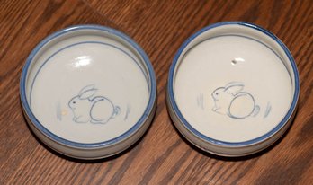 Signed Studio Art Blue And White Stoneware Bunny Bowls