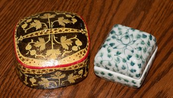 Paper Mache Lacquered And Porcelain Trinket Boxes