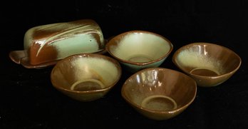 Frankoma Pottery Prairie Green Bowls And Butter Dish