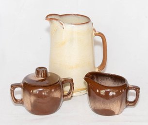 Frankoma Pottery Cream Pitcher And Plainsman Brown Cream And Sugar