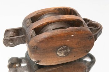 Antique Wood And Steel Snatch Block Pulley