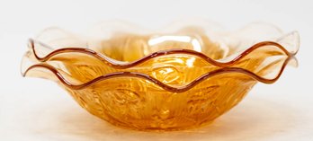 9.5' Jeanette Iridescent Marigold Carnival Iris Pattern Glass Bowls (2)