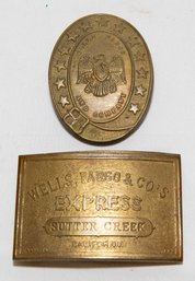 Wells Fargo & Cos Express Sutter Creek And American Eagle Brass Belt Buckles