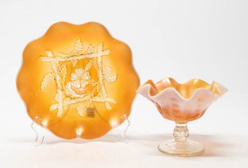 Dugan Peach Opalescent Apple Blossom Twigs Carnival Glass Plate And Ruffled Candy Dish