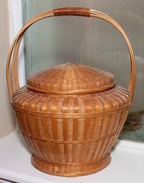 Vintage Bamboo And Cane Round Ginger Jar Basket