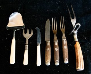 Assorted Serving Utensils Including Stag Handle Carving Fork