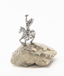 Critters On Crystals Pewter Native American Warrior On A Horse Mounted On Pyrite And Fool's Gold