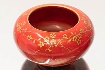 Molded Red Art Glass Bowl With Hand-Decorated Gold Accents