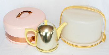 1950s Hall Yellow Teapot, Cake Cover And Tupperware