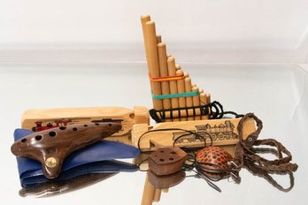 Collection Of Wooden Whistles Incudes Ocharina, Panpipe And Train Whistles