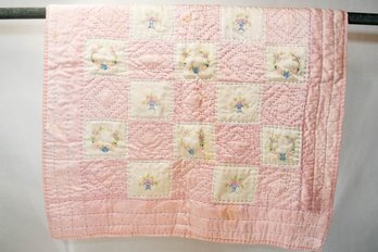 Hand Made Pink Satin Embroidered Crib Quilt