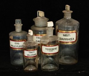 Five Victorian Late Clear Apothecary Jars With Recessed Labels