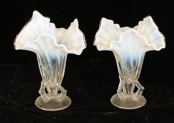 White Opalescent Ruffled Vases