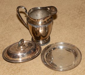 Silver Plate Pitcher, Plate And Lidded Dish