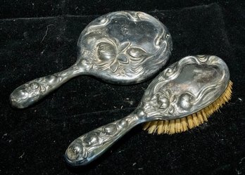 Antique Art Nouveau Brush And Hand Held Mirror