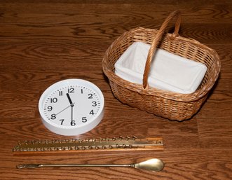 White Round Clock, Baskets, Brass Show Horn And Tie Rack