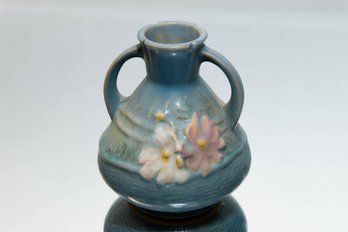1939 Roseville Pottery Cosmos Blue 4' Handled Vase 944-4