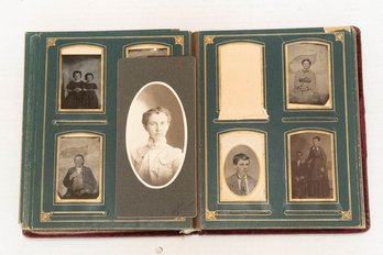 Antique Velvet Covered Photo Album With Black And White Photos