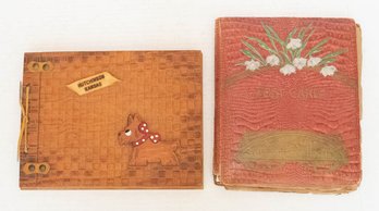 Antique Leather Post Card Album And Wooden Souvenir Covered Photo Album