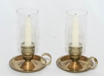 Vintage Chase Brass & Copper Co. Finger Loop Handled Candle Holders With Glass Shades