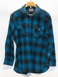 Mens Pendleton Blue Plaid Button-up Wool Shirt Size Large