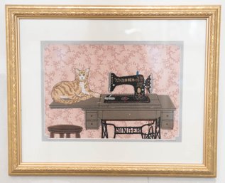 Signed Block Embroidered Cat Sewing Appliqu  By Janet Gearing