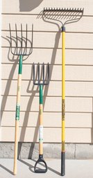 Lot Of 3 Garden Rake And Pitch Forks