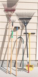 Lot Of Yard And Garden Implements Rakes, Aerator And Garden Hoe