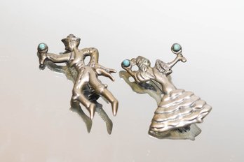Pair Of Turquoise, Flamenco Dancer, Brooches Marked, Mexican, Silver