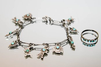 Native American Sterling Turquoise Charm Bracelet, And Ring