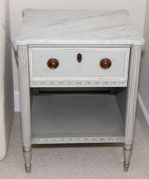 Frontgate Etienne Shelf Nightstand With Cream Marfil Marble Top And USB Power Strip In French Linen