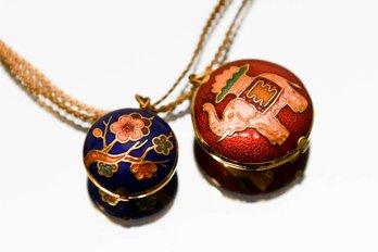 Pair Of 12 Karat Gold Filled Cloisonn Necklaces Featuring An Elephant And Cherry Blossoms