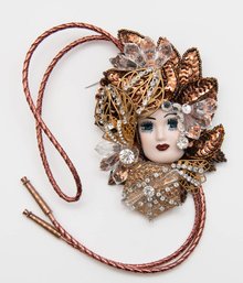 Flapper Girl Porcelain And Glass Beaded Bolo Tie Hand Made And Signed