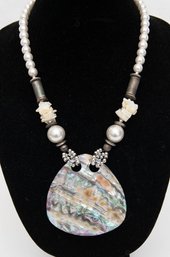 Abalone Shell And Pearl Bead Pendant Necklace