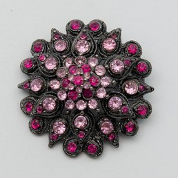 Pink And Black  Domed Rhinestone Brooch