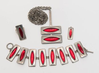 Modernist Danish Jorgen Jensen Ruby Glass And Pewter Jewelry Set