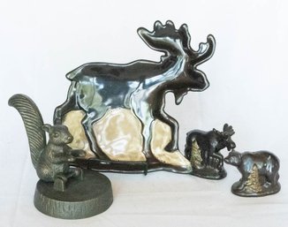 Vintage Cast Iron Squirrel Nut Cracker And Moose And Bear Salt And Pepper Shakers