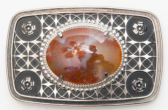 Orange/Brown Agate Stone Silver Tone Belt Buckle