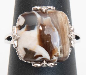 Peanut Wood Jasper Cush Diamond Ring In Platinum Overlay Sterling Silver Size 7