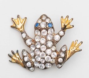 1999 Plainville Stock Co PSCO Brooch Frog Gold Tone Clear Blue Rhinestones