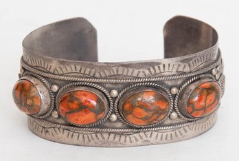 Southwestern Possibly Red Coral And Sterling Cuff Bracelet 49.09g