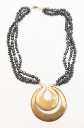 Smokey Glass Bead And Brass Medallion Pendant Necklace