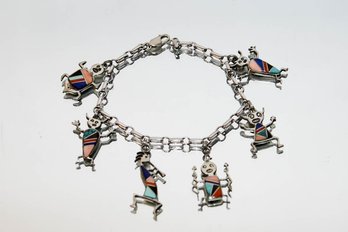 Rock Critters Native American, Sterling, Turquoise, Coral Lapis, Charm Bracelet