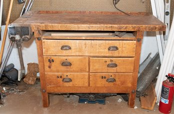 Antique Wood Workbench With Antique Vise