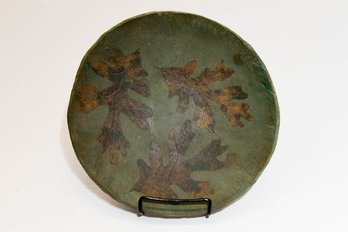 11' Signed Pottery Bowl With Oak Leaf Imprint